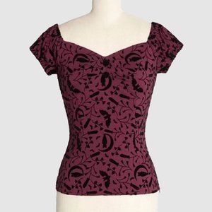 Modcloth + Collectif Dolores Bat Floral Top Wine Color Halloween Pinup Size XS